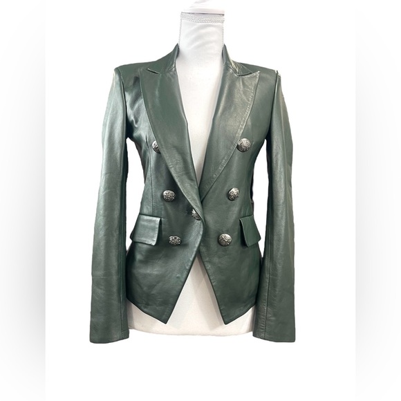 Veronica Beard Cooke Leather Dickey Double Breasted Jacket Blazer Dark Green 00 - Picture 9 of 16